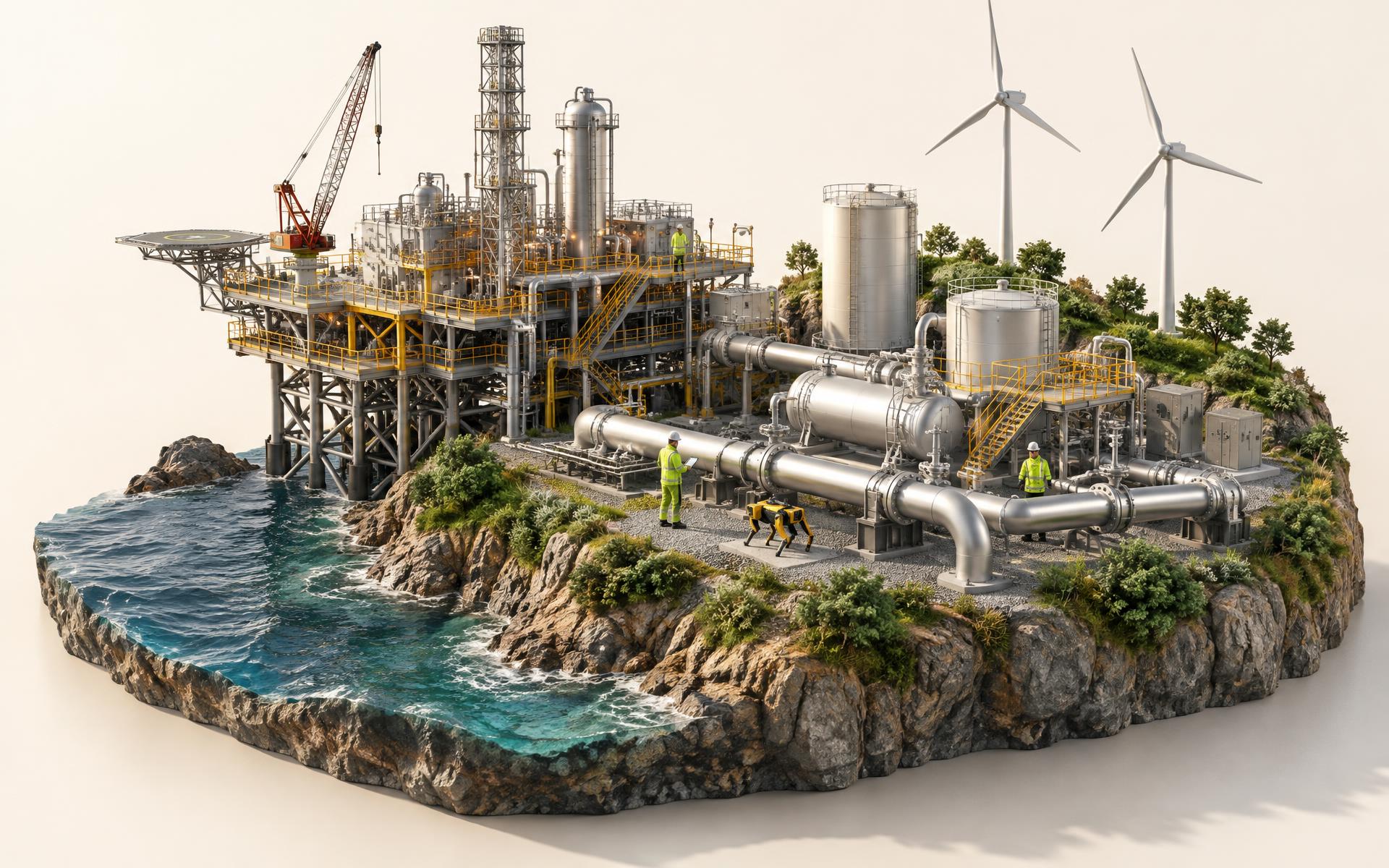Industrial integrity island with pipelines, process equipment, wind turbines, and inspectors