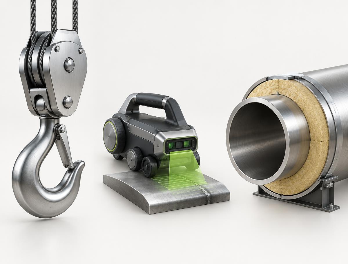 Dimensional inspection equipment including a crane hook, scanner, and pipeline section
